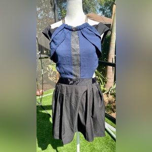 Navy Blue and Black Cut Out Dress with Gold Chain Neck Detail.